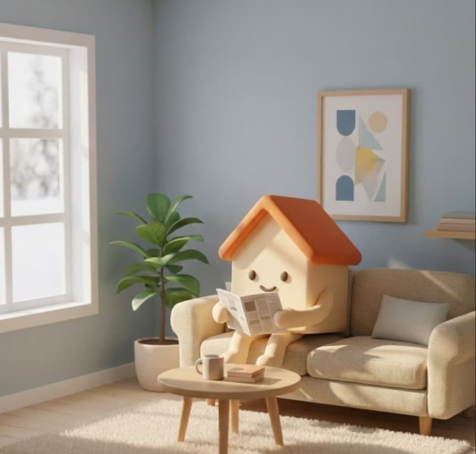 Bobbo, Bofrid's house mascot, reading a newspaper on a sofa in a sunlit living room Bobbo, Bofrid's house mascot, reading a newspaper on a sofa in a sunlit living room